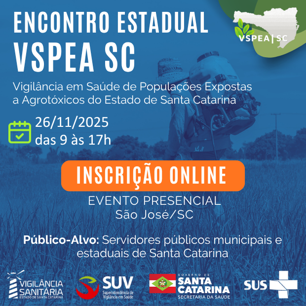 Card do webseminário sobre relatório toxicológico com o tema como inserir no Sisagua. O evento acontece no dia 7 de agosto, das 14h às 17h, com inscrição online. Público-alvo: Vigilâncias Sanitárias municipais e estaduais de Santa Catarina. Na imagem aparecem os logos da Vigilância Sanitária do Estado de Santa Catarina, SUV, Governo de Santa Catarina e SUS. Ao fundo, há uma pessoa digitando em um notebook.